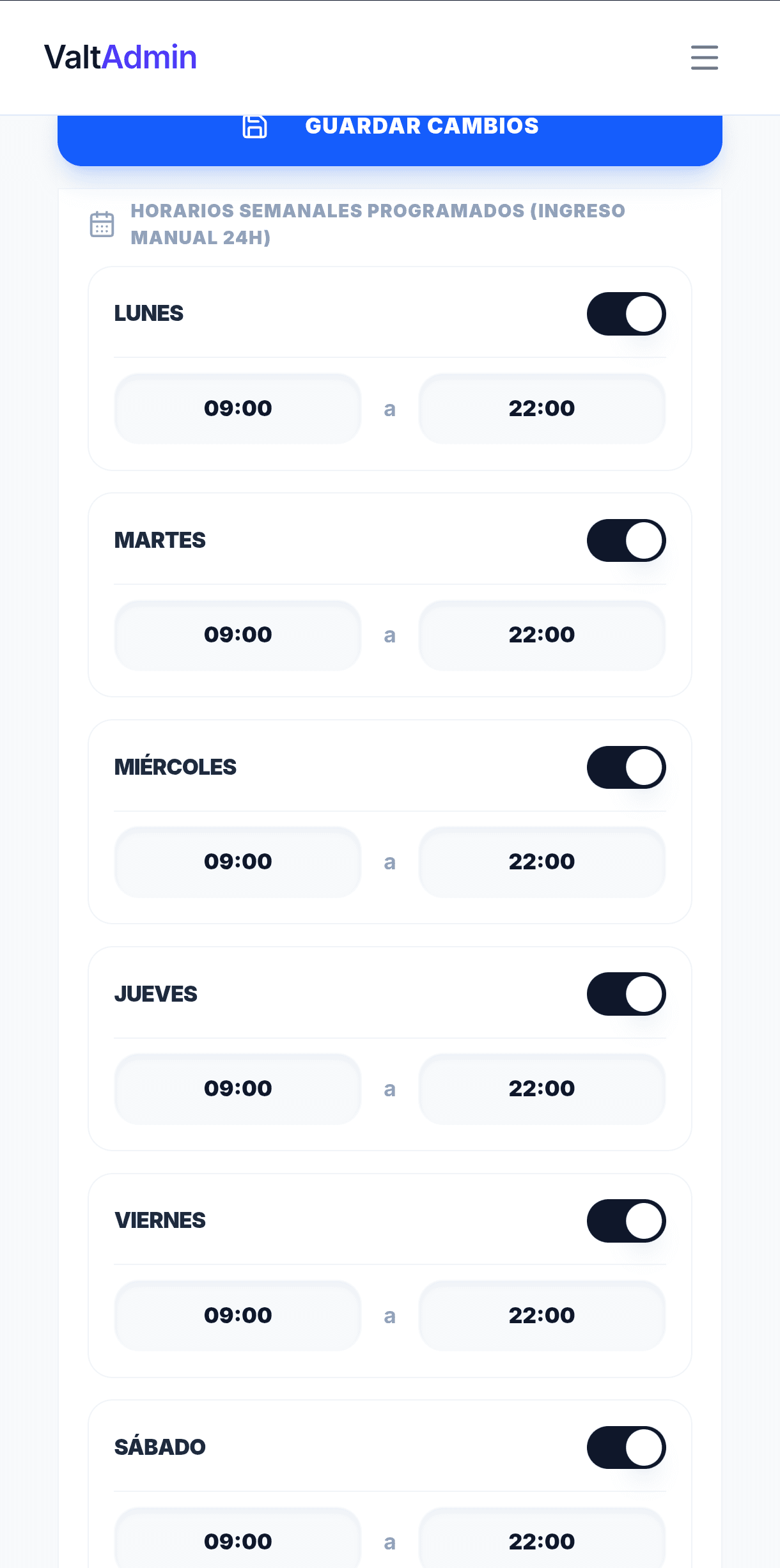 Vista de los horarios de apertura y cierre configurados en Valt-Catalog
