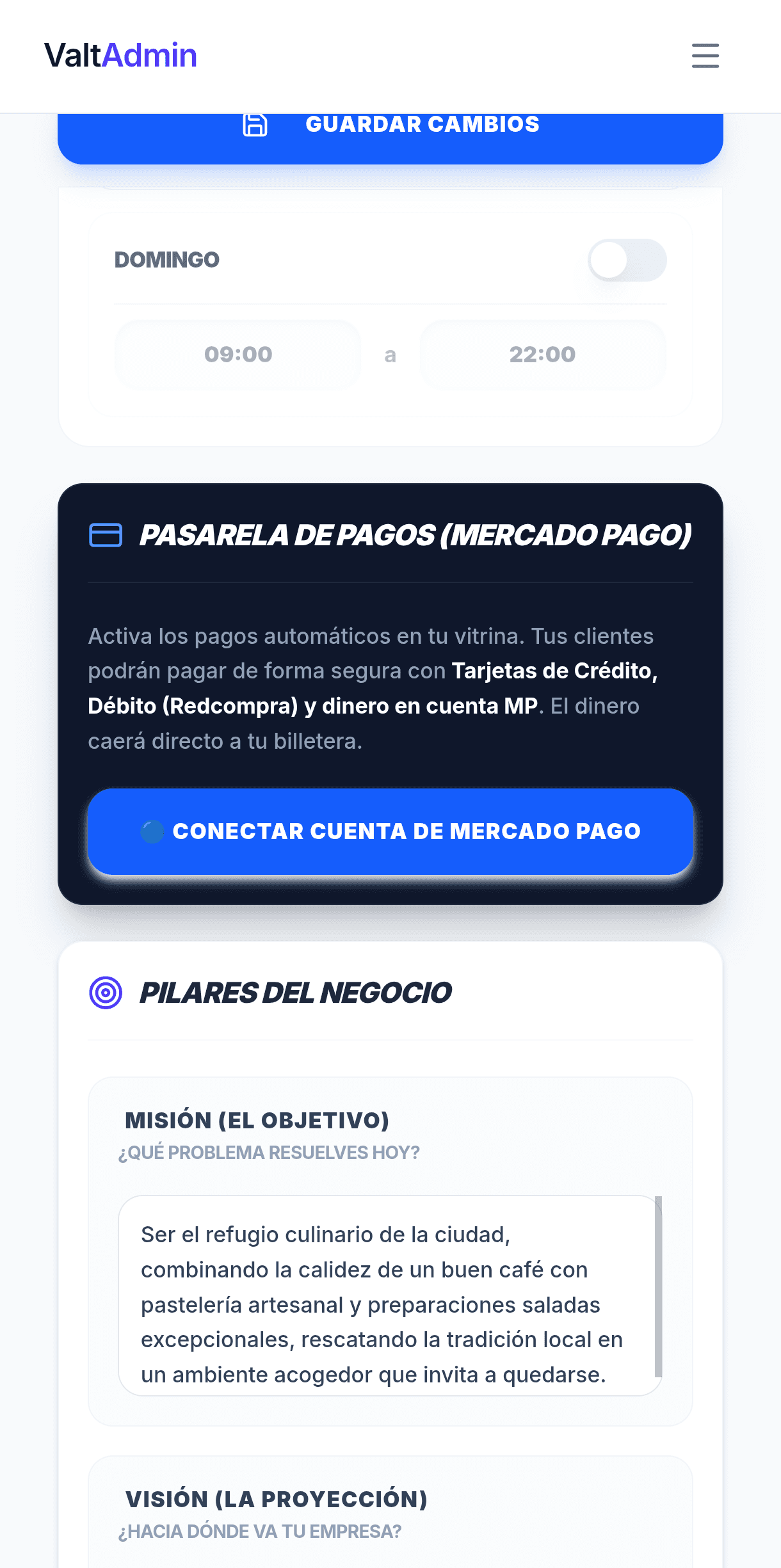 Vista de la pasarela de Mercado Pago en Valt-Catalog